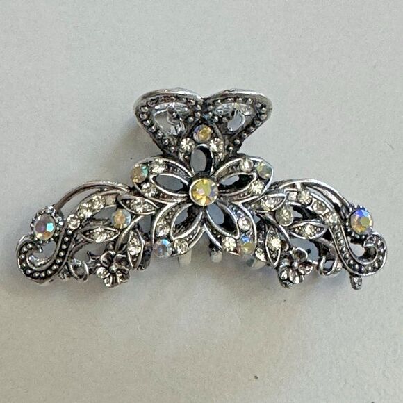 Vintage-Style Silver Tone Filigree Hair Clamp with Aurora Borealis Rhinestones - Picture 2 of 7